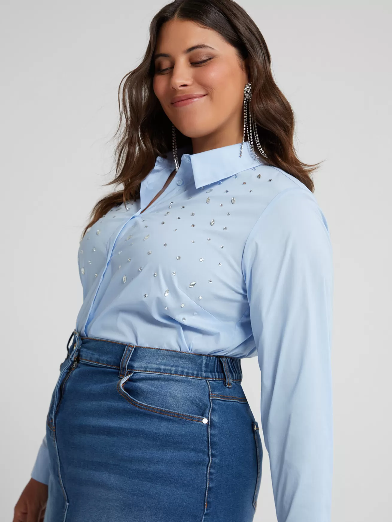 Clearance Fiorella Rubino Camicia Ricamata Con Strass Azzurro